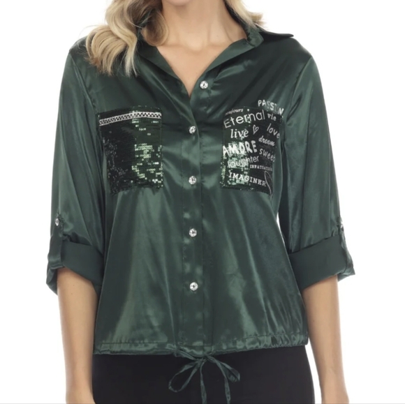 Frank Lyman Design Sequined Tie Hem Roll Tab Sleeve Satin Top  - Picture 2 of 9